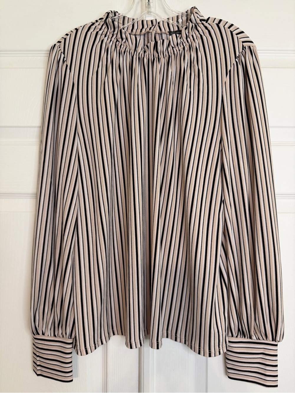 Adrianna Papell  Striped Long Sleeve Ruffle Neck Blouse in Black and Cream